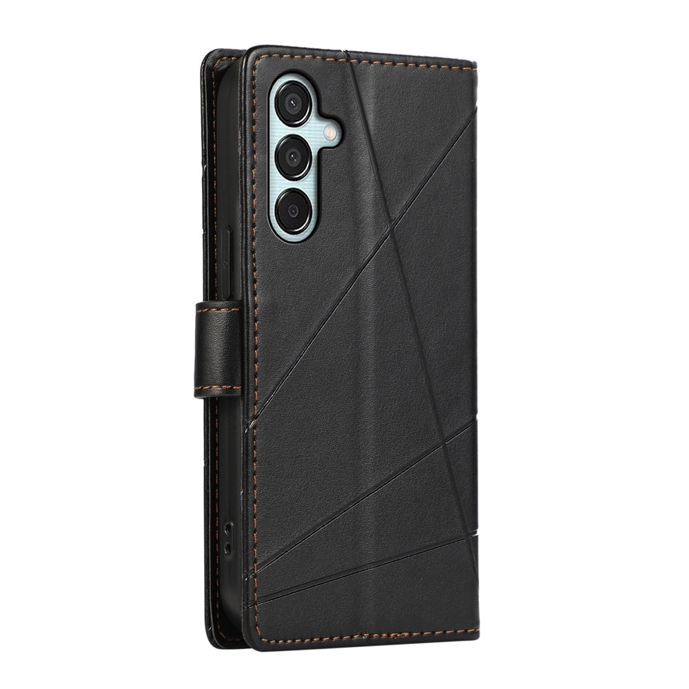 Samsung Galaxy M15/F15 5G PU Genuine Leather Texture Embossed Line Phone Case with Card Wallet, Kickstand & Wrist Strap