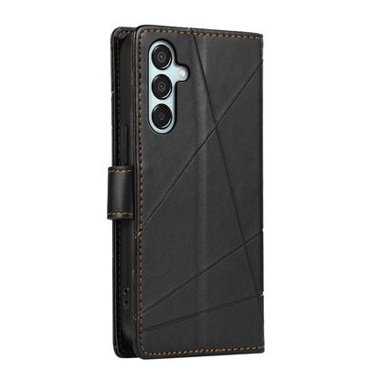 Samsung Galaxy M15/F15 5G PU Genuine Leather Texture Embossed Line Phone Case with Card Wallet, Kickstand & Wrist Strap