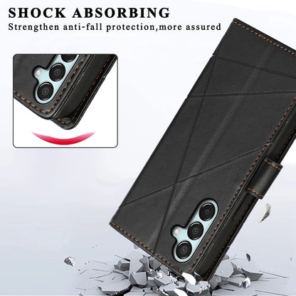 Samsung Galaxy M15/F15 5G PU Genuine Leather Texture Embossed Line Phone Case with Card Wallet, Kickstand & Wrist Strap