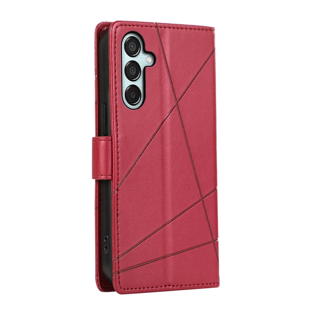 Samsung Galaxy M15/F15 5G PU Genuine Leather Texture Embossed Line Phone Case with Card Wallet, Kickstand & Wrist Strap