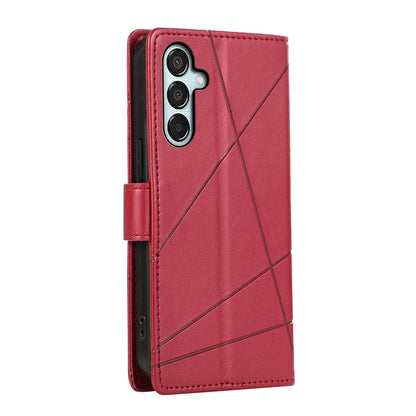 Samsung Galaxy M15/F15 5G PU Genuine Leather Texture Embossed Line Phone Case with Card Wallet, Kickstand & Wrist Strap
