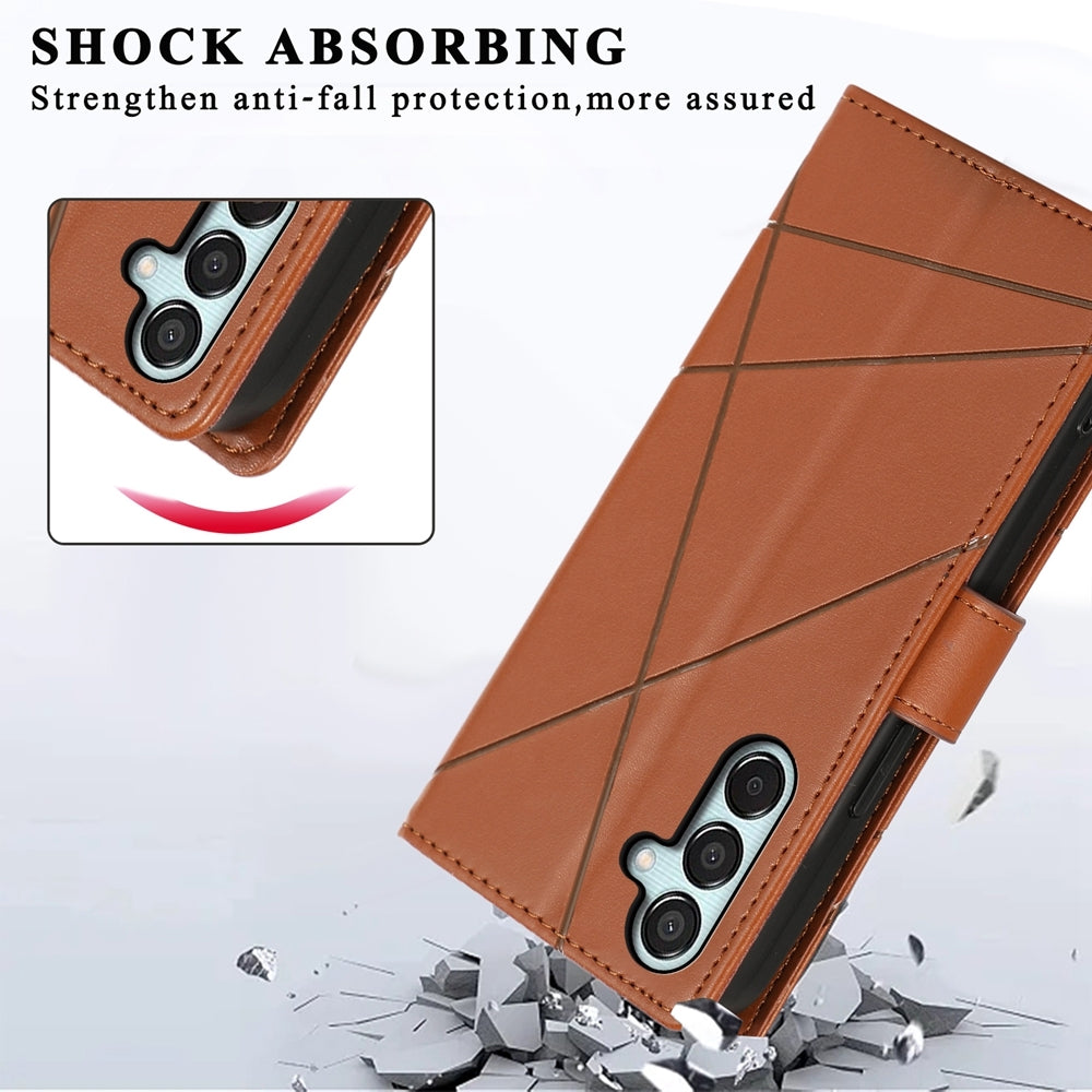 Samsung Galaxy M15/F15 5G PU Genuine Leather Texture Embossed Line Phone Case with Card Wallet, Kickstand & Wrist Strap