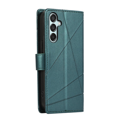 Samsung Galaxy M15/F15 5G PU Genuine Leather Texture Embossed Line Phone Case with Card Wallet, Kickstand & Wrist Strap