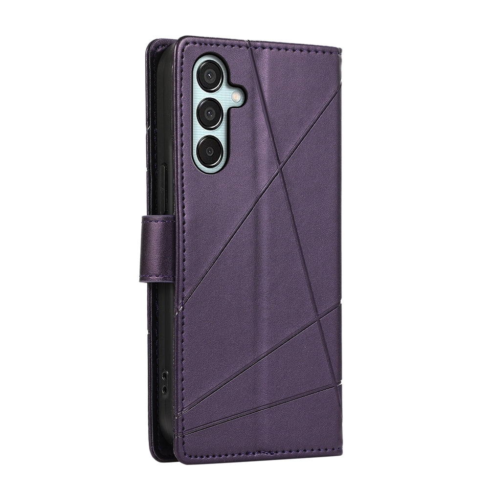 Samsung Galaxy M15/F15 5G PU Genuine Leather Texture Embossed Line Phone Case with Card Wallet, Kickstand & Wrist Strap