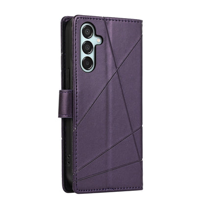 Samsung Galaxy M15/F15 5G PU Genuine Leather Texture Embossed Line Phone Case with Card Wallet, Kickstand & Wrist Strap