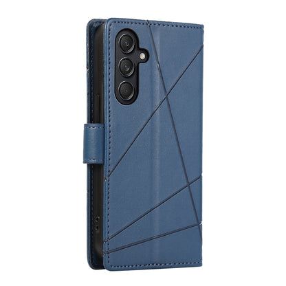 Samsung Galaxy M55 PU Genuine Leather Texture Embossed Line Phone Case with Card Wallet, Kickstand & Wrist Strap