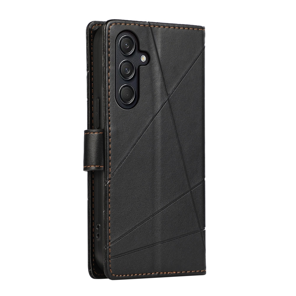 Samsung Galaxy M55 PU Genuine Leather Texture Embossed Line Phone Case with Card Wallet, Kickstand & Wrist Strap