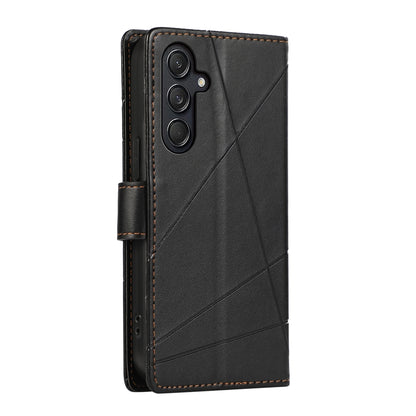 Samsung Galaxy M55 PU Genuine Leather Texture Embossed Line Phone Case with Card Wallet, Kickstand & Wrist Strap