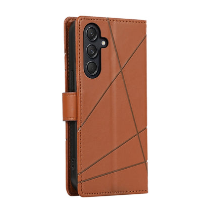 Samsung Galaxy M55 PU Genuine Leather Texture Embossed Line Phone Case with Card Wallet, Kickstand & Wrist Strap