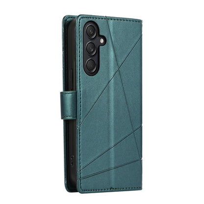 Samsung Galaxy M55 PU Genuine Leather Texture Embossed Line Phone Case with Card Wallet, Kickstand & Wrist Strap