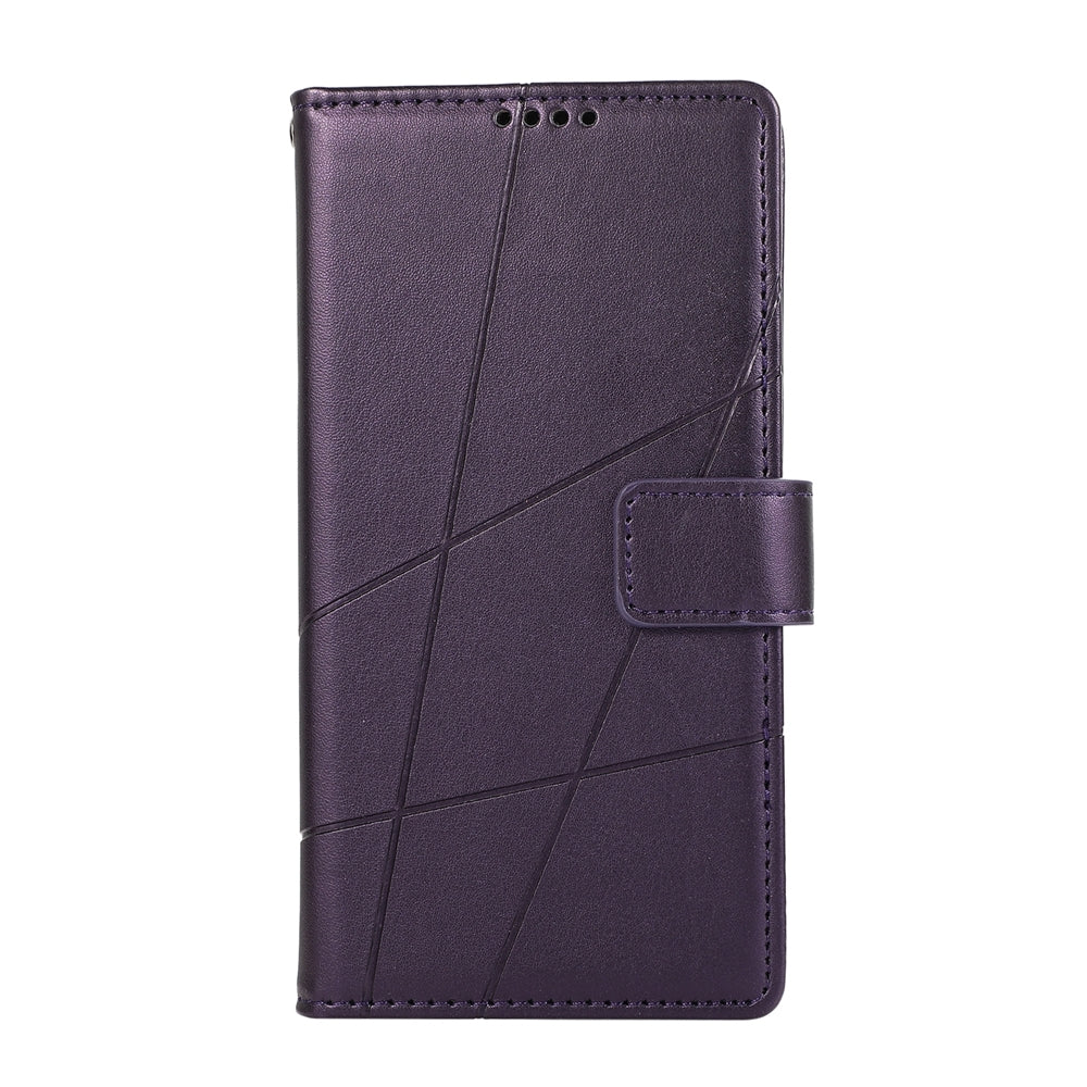 Samsung Galaxy M55 PU Genuine Leather Texture Embossed Line Phone Case with Card Wallet, Kickstand & Wrist Strap