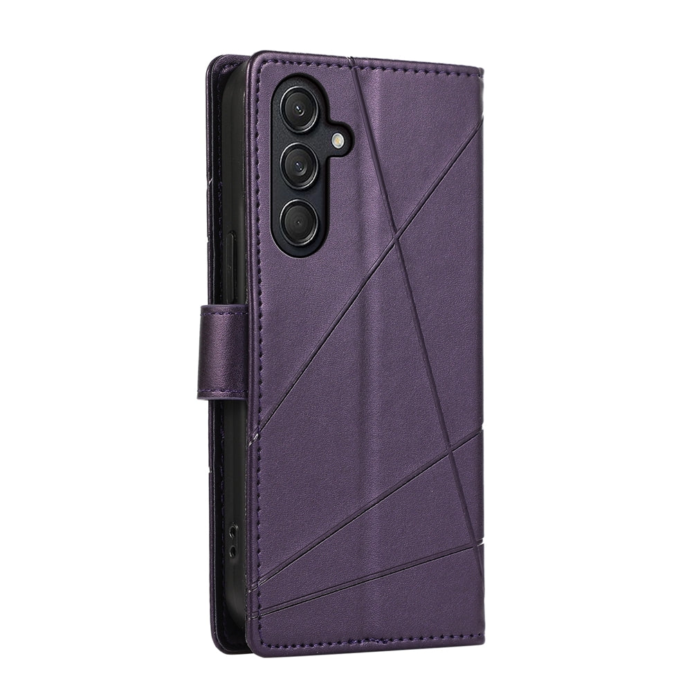 Samsung Galaxy M55 PU Genuine Leather Texture Embossed Line Phone Case with Card Wallet, Kickstand & Wrist Strap