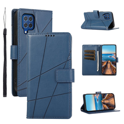 Samsung Galaxy M62 PU Genuine Leather Texture Embossed Line Phone Case with Card Wallet, Kickstand & Wrist Strap