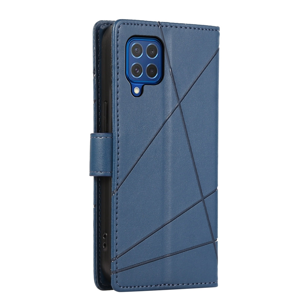 Samsung Galaxy M62 PU Genuine Leather Texture Embossed Line Phone Case with Card Wallet, Kickstand & Wrist Strap