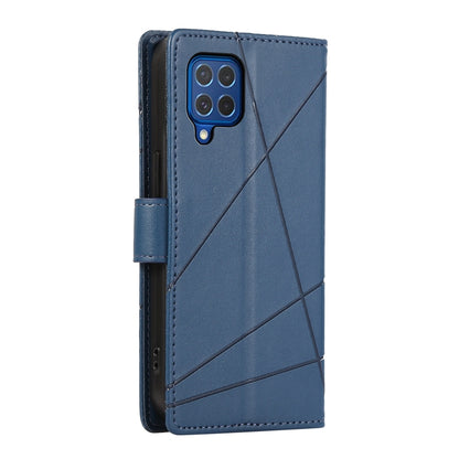 Samsung Galaxy M62 PU Genuine Leather Texture Embossed Line Phone Case with Card Wallet, Kickstand & Wrist Strap