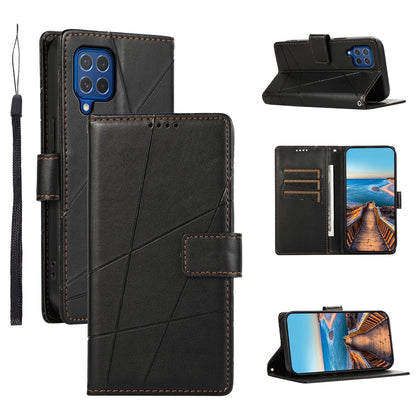 Samsung Galaxy M62 PU Genuine Leather Texture Embossed Line Phone Case with Card Wallet, Kickstand & Wrist Strap