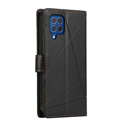 Samsung Galaxy M62 PU Genuine Leather Texture Embossed Line Phone Case with Card Wallet, Kickstand & Wrist Strap