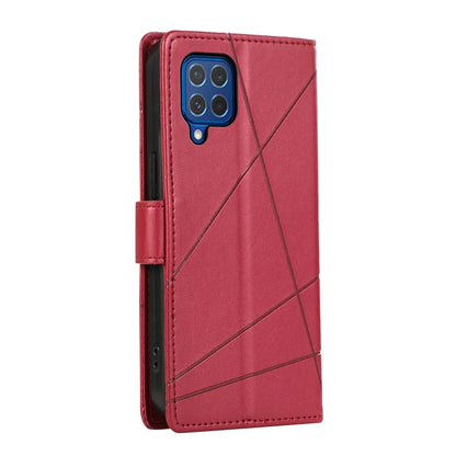 Samsung Galaxy M62 PU Genuine Leather Texture Embossed Line Phone Case with Card Wallet, Kickstand & Wrist Strap