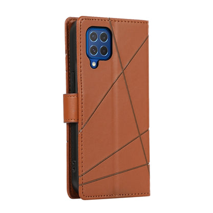 Samsung Galaxy M62 PU Genuine Leather Texture Embossed Line Phone Case with Card Wallet, Kickstand & Wrist Strap
