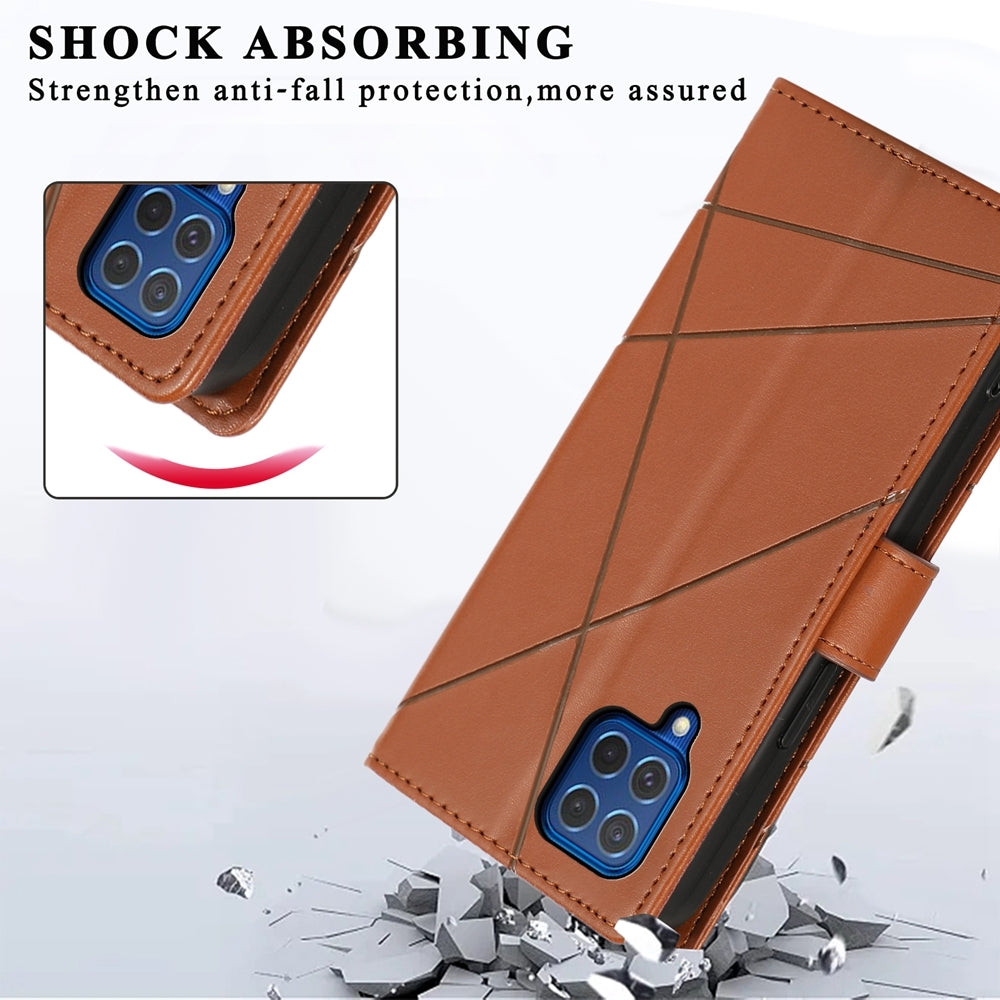 Samsung Galaxy M62 PU Genuine Leather Texture Embossed Line Phone Case with Card Wallet, Kickstand & Wrist Strap
