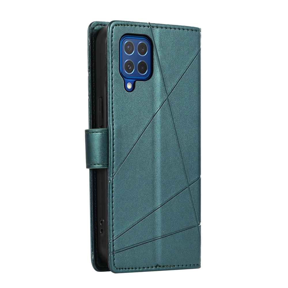 Samsung Galaxy M62 PU Genuine Leather Texture Embossed Line Phone Case with Card Wallet, Kickstand & Wrist Strap