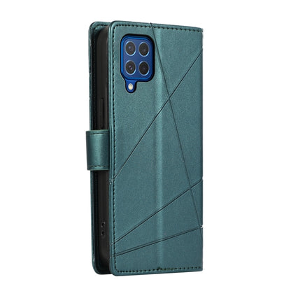 Samsung Galaxy M62 PU Genuine Leather Texture Embossed Line Phone Case with Card Wallet, Kickstand & Wrist Strap