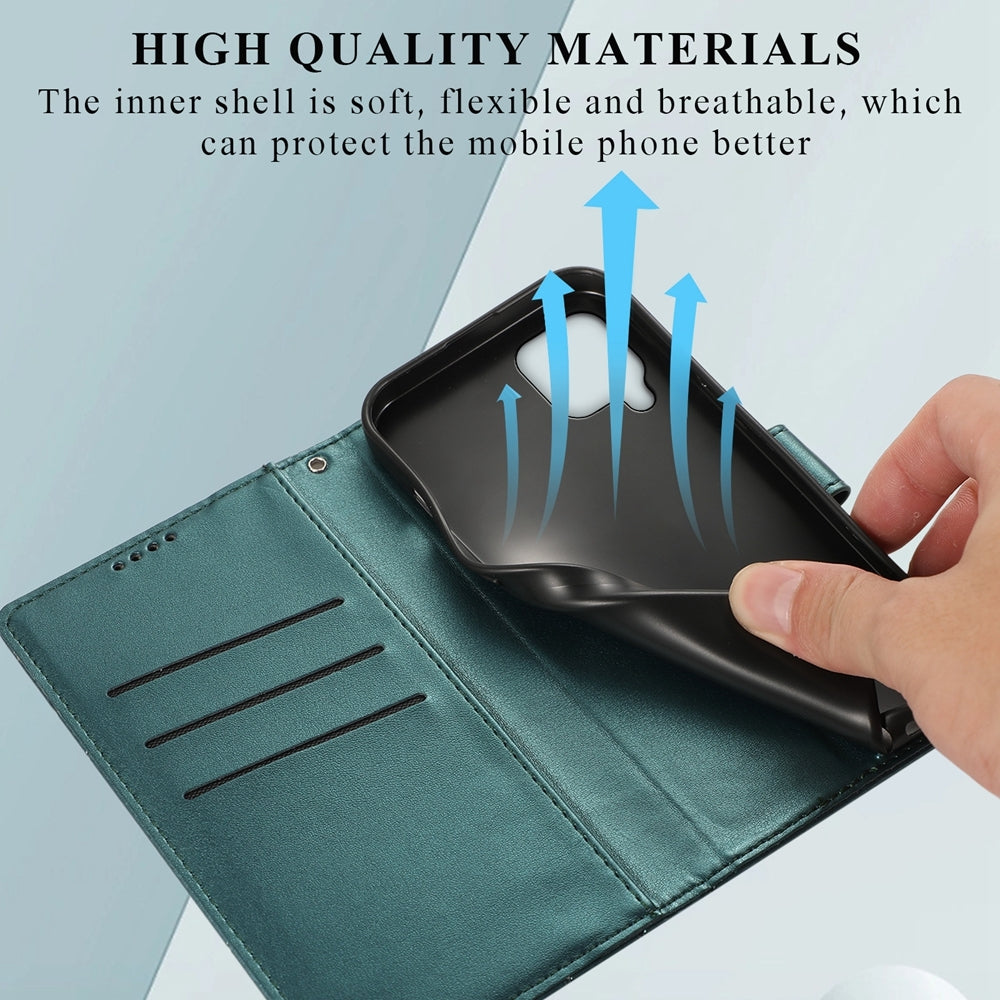 Samsung Galaxy M62 PU Genuine Leather Texture Embossed Line Phone Case with Card Wallet, Kickstand & Wrist Strap