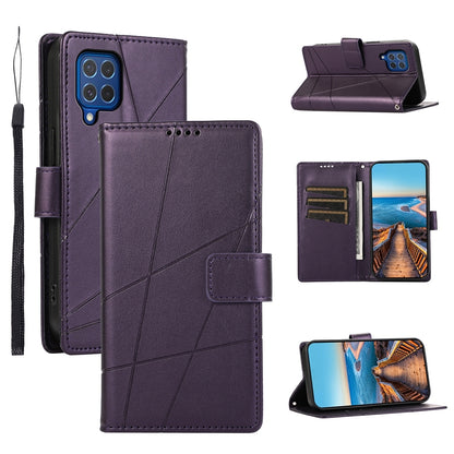 Samsung Galaxy M62 PU Genuine Leather Texture Embossed Line Phone Case with Card Wallet, Kickstand & Wrist Strap