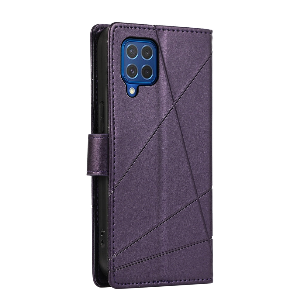 Samsung Galaxy M62 PU Genuine Leather Texture Embossed Line Phone Case with Card Wallet, Kickstand & Wrist Strap