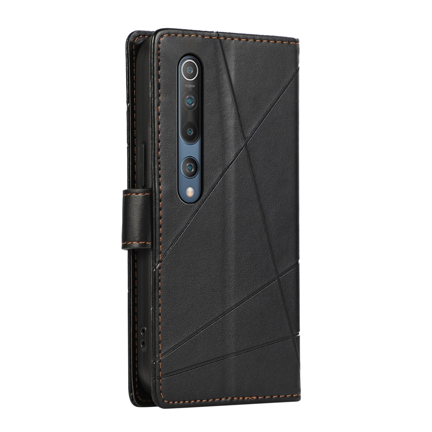 Xiaomi Mi 10 PU Genuine Leather Texture Embossed Line Phone Case with Card Wallet, Kickstand & Wrist Strap