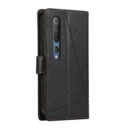 Xiaomi Mi 10 PU Genuine Leather Texture Embossed Line Phone Case with Card Wallet, Kickstand & Wrist Strap