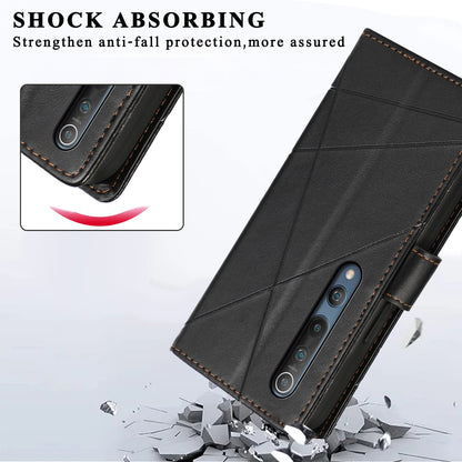 Xiaomi Mi 10 PU Genuine Leather Texture Embossed Line Phone Case with Card Wallet, Kickstand & Wrist Strap