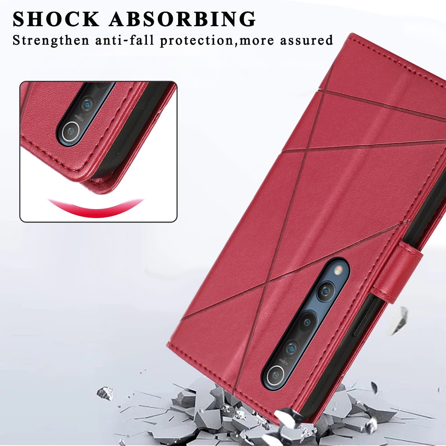 Xiaomi Mi 10 PU Genuine Leather Texture Embossed Line Phone Case with Card Wallet, Kickstand & Wrist Strap