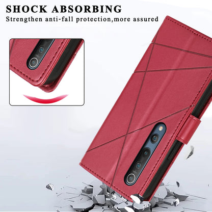 Xiaomi Mi 10 PU Genuine Leather Texture Embossed Line Phone Case with Card Wallet, Kickstand & Wrist Strap