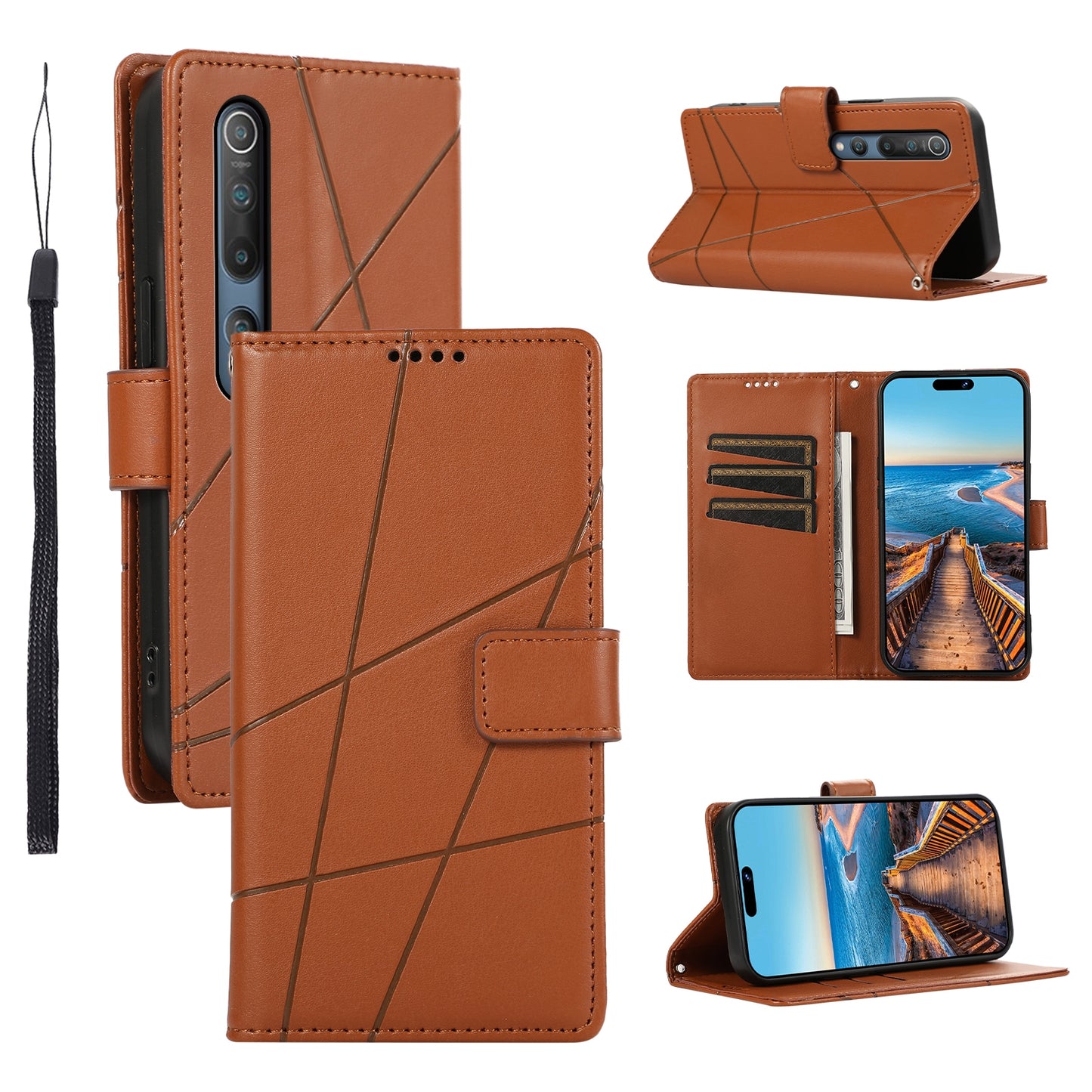 Xiaomi Mi 10 PU Genuine Leather Texture Embossed Line Phone Case with Card Wallet, Kickstand & Wrist Strap