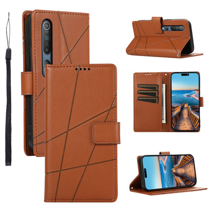 Xiaomi Mi 10 PU Genuine Leather Texture Embossed Line Phone Case with Card Wallet, Kickstand & Wrist Strap