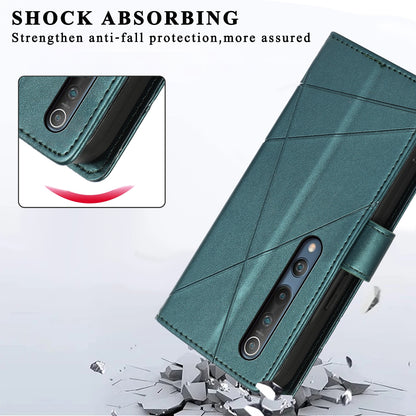 Xiaomi Mi 10 PU Genuine Leather Texture Embossed Line Phone Case with Card Wallet, Kickstand & Wrist Strap