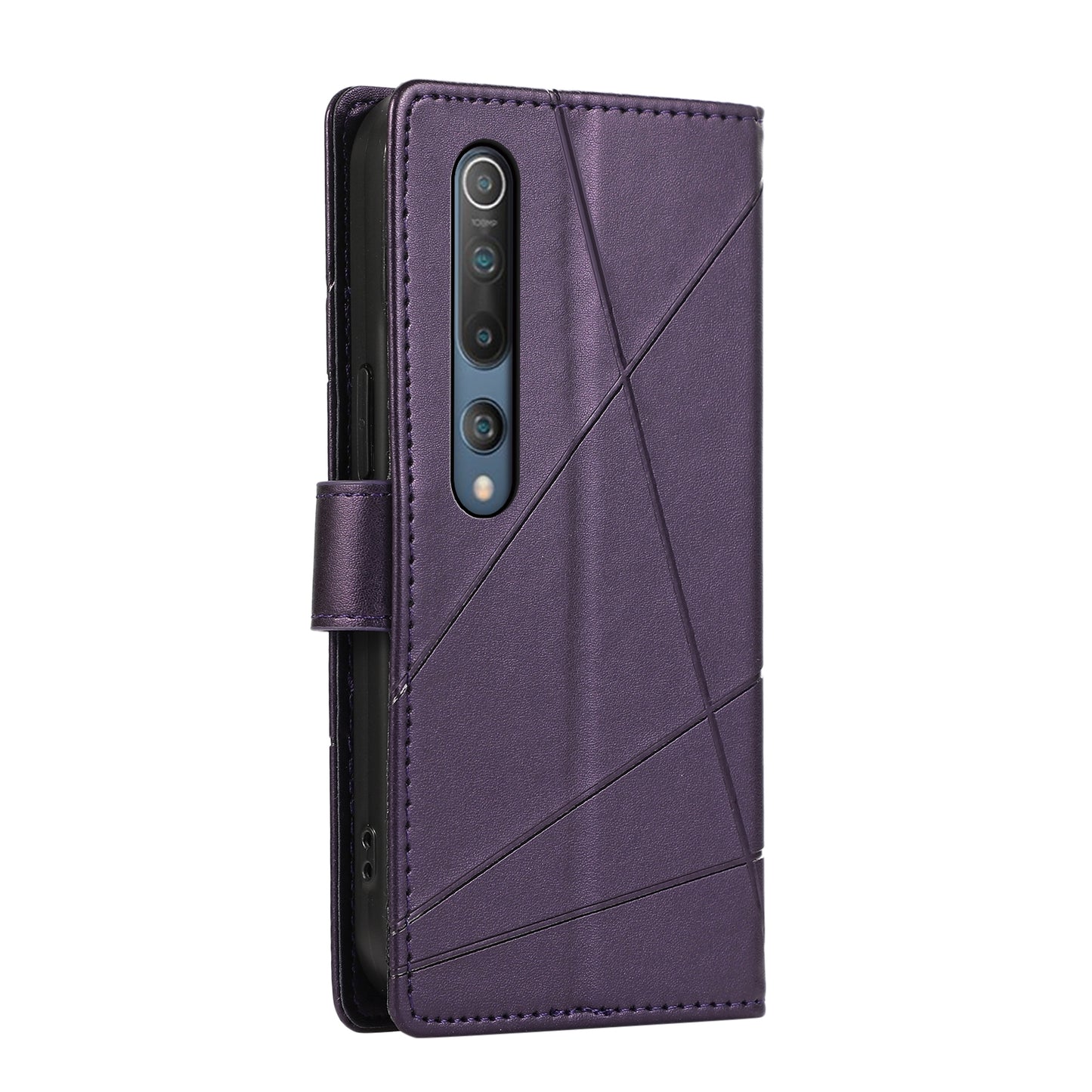 Xiaomi Mi 10 PU Genuine Leather Texture Embossed Line Phone Case with Card Wallet, Kickstand & Wrist Strap