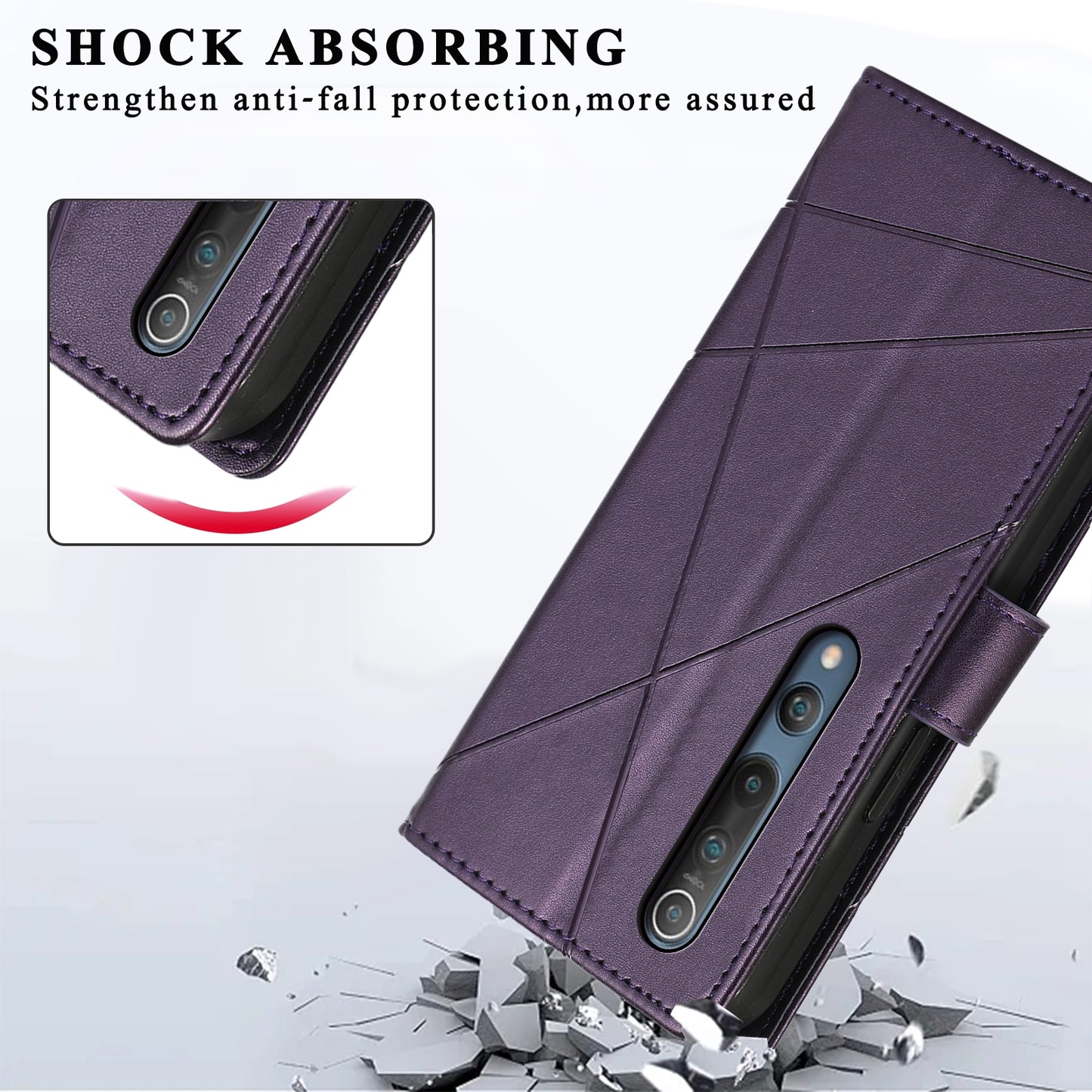 Xiaomi Mi 10 PU Genuine Leather Texture Embossed Line Phone Case with Card Wallet, Kickstand & Wrist Strap