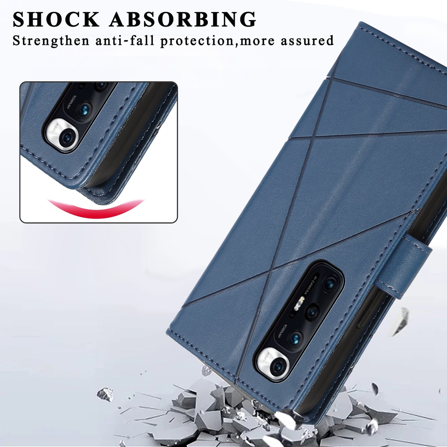 Xiaomi Mi 10s PU Genuine Leather Texture Embossed Line Phone Case with Card Wallet, Kickstand & Wrist Strap