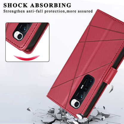 Xiaomi Mi 10s PU Genuine Leather Texture Embossed Line Phone Case with Card Wallet, Kickstand & Wrist Strap