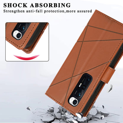 Xiaomi Mi 10s PU Genuine Leather Texture Embossed Line Phone Case with Card Wallet, Kickstand & Wrist Strap