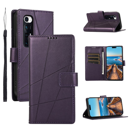Xiaomi Mi 10s PU Genuine Leather Texture Embossed Line Phone Case with Card Wallet, Kickstand & Wrist Strap