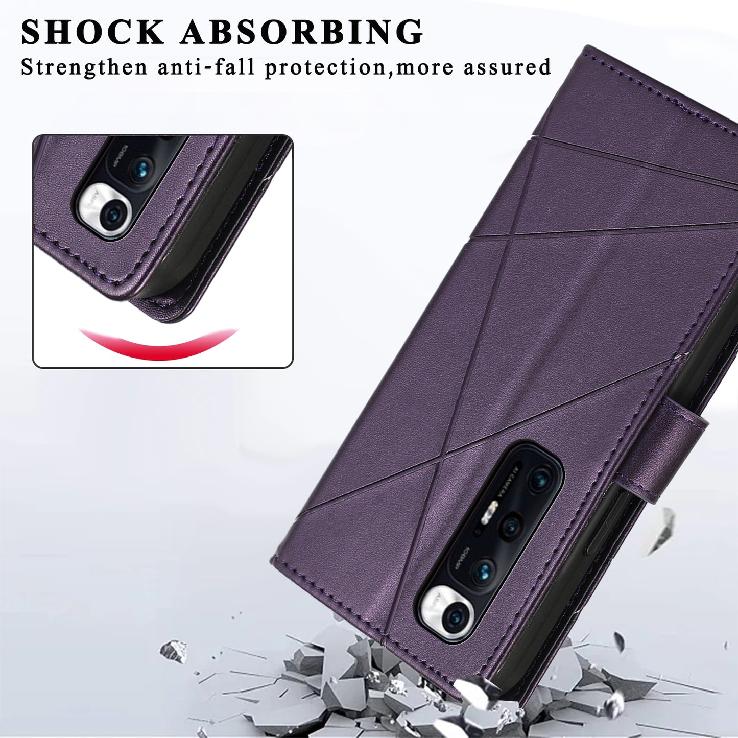 Xiaomi Mi 10s PU Genuine Leather Texture Embossed Line Phone Case with Card Wallet, Kickstand & Wrist Strap