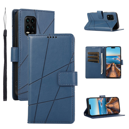 Xiaomi Mi 10 Lite PU Genuine Leather Texture Embossed Line Phone Case with Card Wallet, Kickstand & Wrist Strap