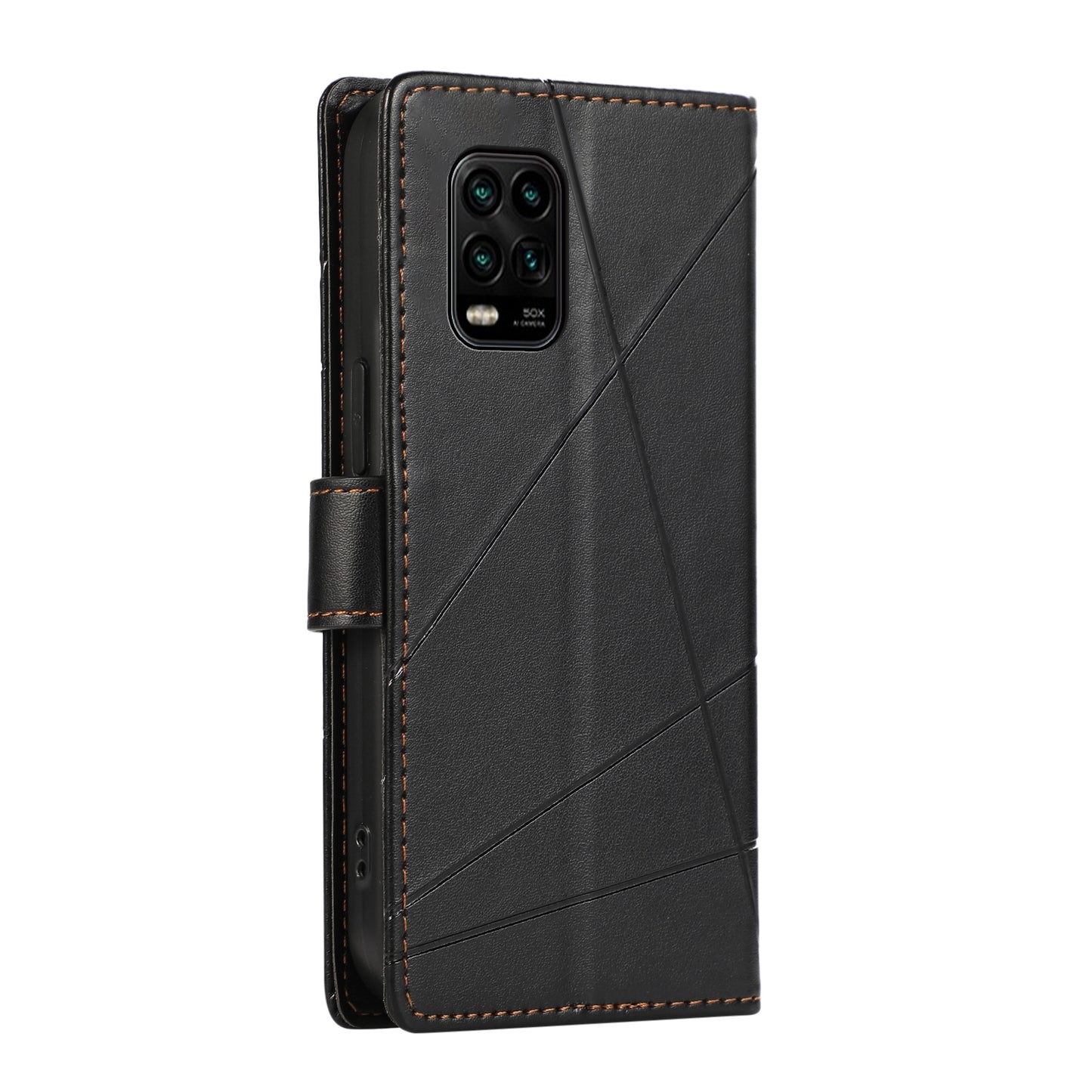 Xiaomi Mi 10 Lite PU Genuine Leather Texture Embossed Line Phone Case with Card Wallet, Kickstand & Wrist Strap