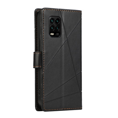 Xiaomi Mi 10 Lite PU Genuine Leather Texture Embossed Line Phone Case with Card Wallet, Kickstand & Wrist Strap