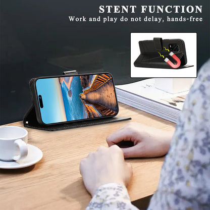 Xiaomi Mi 10 Lite PU Genuine Leather Texture Embossed Line Phone Case with Card Wallet, Kickstand & Wrist Strap