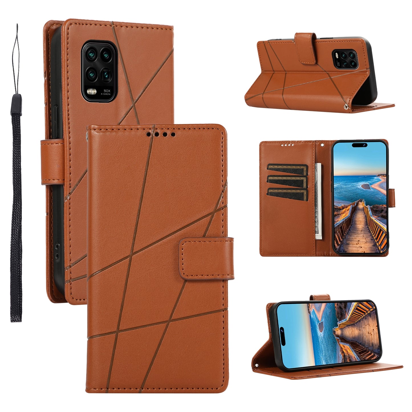 Xiaomi Mi 10 Lite PU Genuine Leather Texture Embossed Line Phone Case with Card Wallet, Kickstand & Wrist Strap