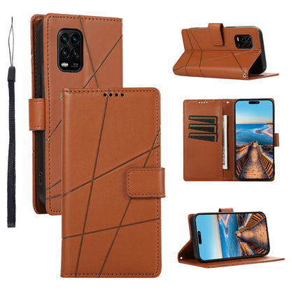Xiaomi Mi 10 Lite PU Genuine Leather Texture Embossed Line Phone Case with Card Wallet, Kickstand & Wrist Strap